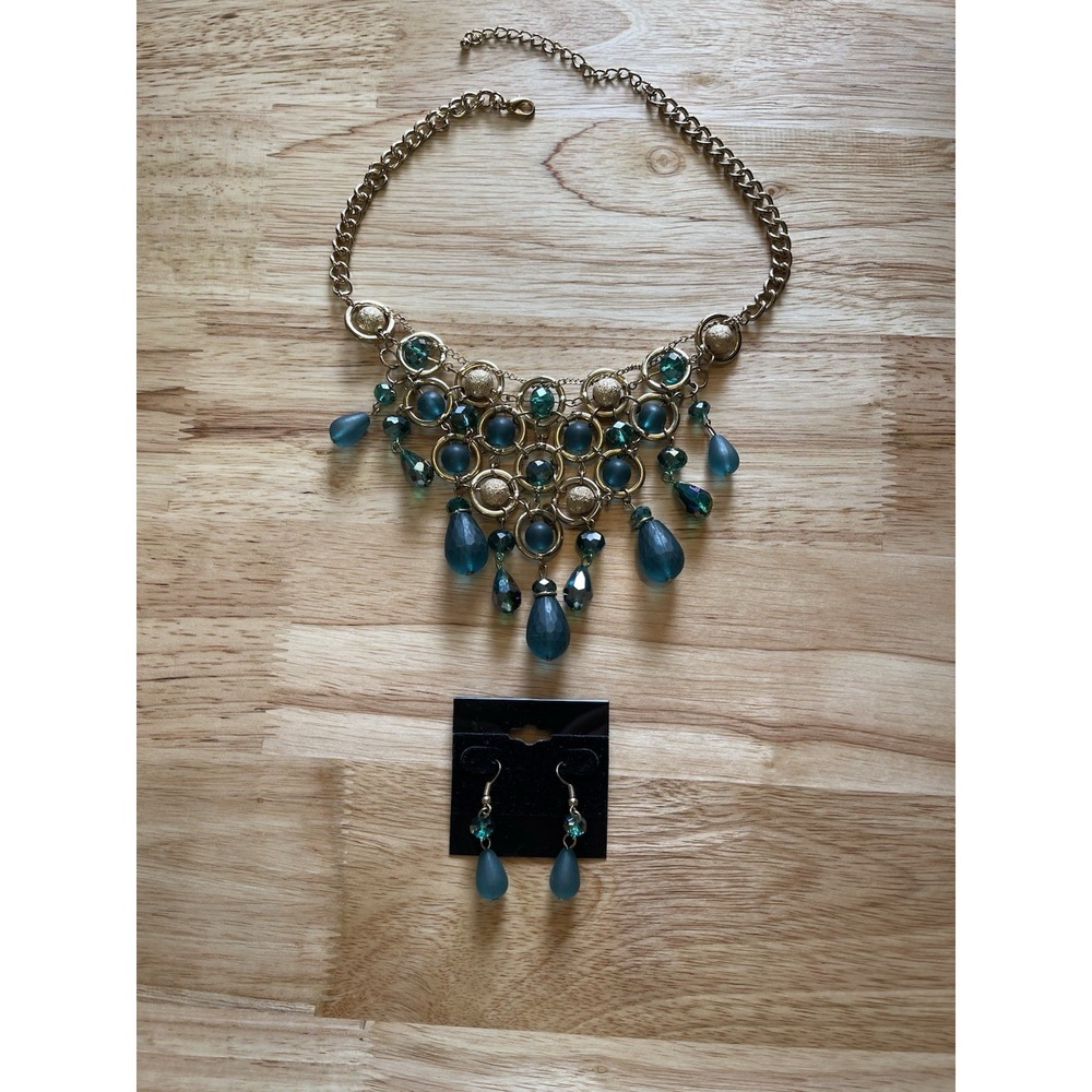 HOCO Jewelry Necklace Earrings Green‎ Glass Gold Dance Pageant Prom